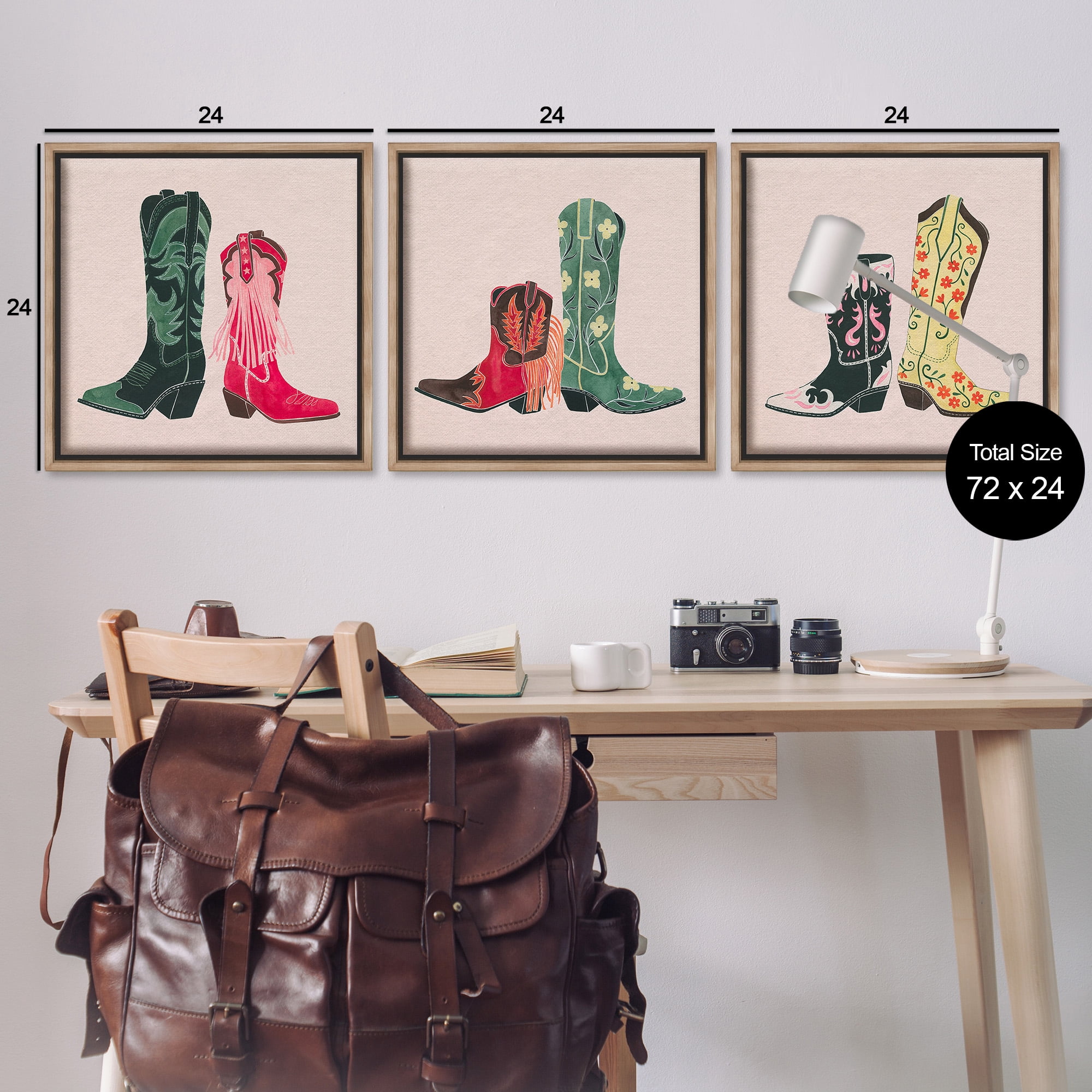 Stupell Industries Trendy Cowgirl Boots Beauty & Fashion Painting Brown Floater Framed Canvas Art Print Wall Art, 25 x 25, Set of 3