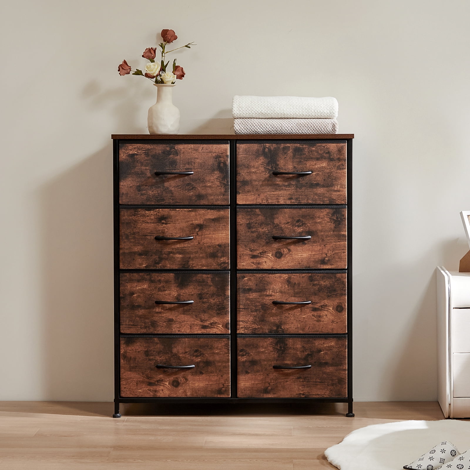 Aidoly Dresser for Bedroom, 8 Storage Drawers, Anti-Tip Fabric Closet Chests Organizer Tower Furniture with Wooden Top Metal Frame for Clothes, Living Room, Hallway, Entryway, Rust