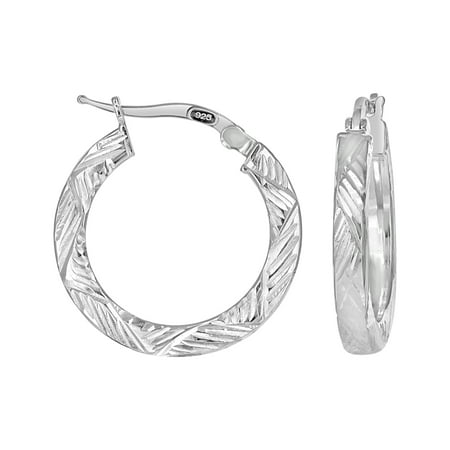 925 Sterling Silver Womens Diamond-Cut Patterned Square Tube Hoop Earrings