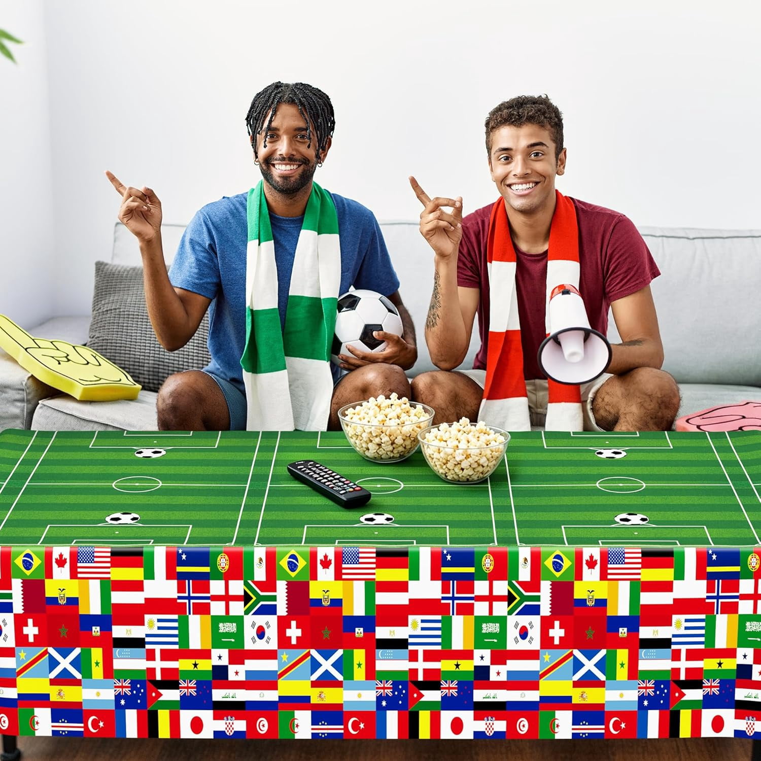 6 Pcs Soccer Tablecloths for Birthday Party Decorations 54 X 108 Inch, Disposable Plastic Table Cover, 2026 Around the World Flags Green Rectangle Tableware Set for Sports Theme Game Party Supplies