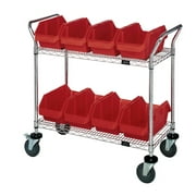 Quantum Storage Systems WRC2-1836-1887RD Wire Heavy Duty Wheels 2 Shelves 38" H x 36" W x 18" D with 8 Red Bins 19" L x 9" W x 7" H