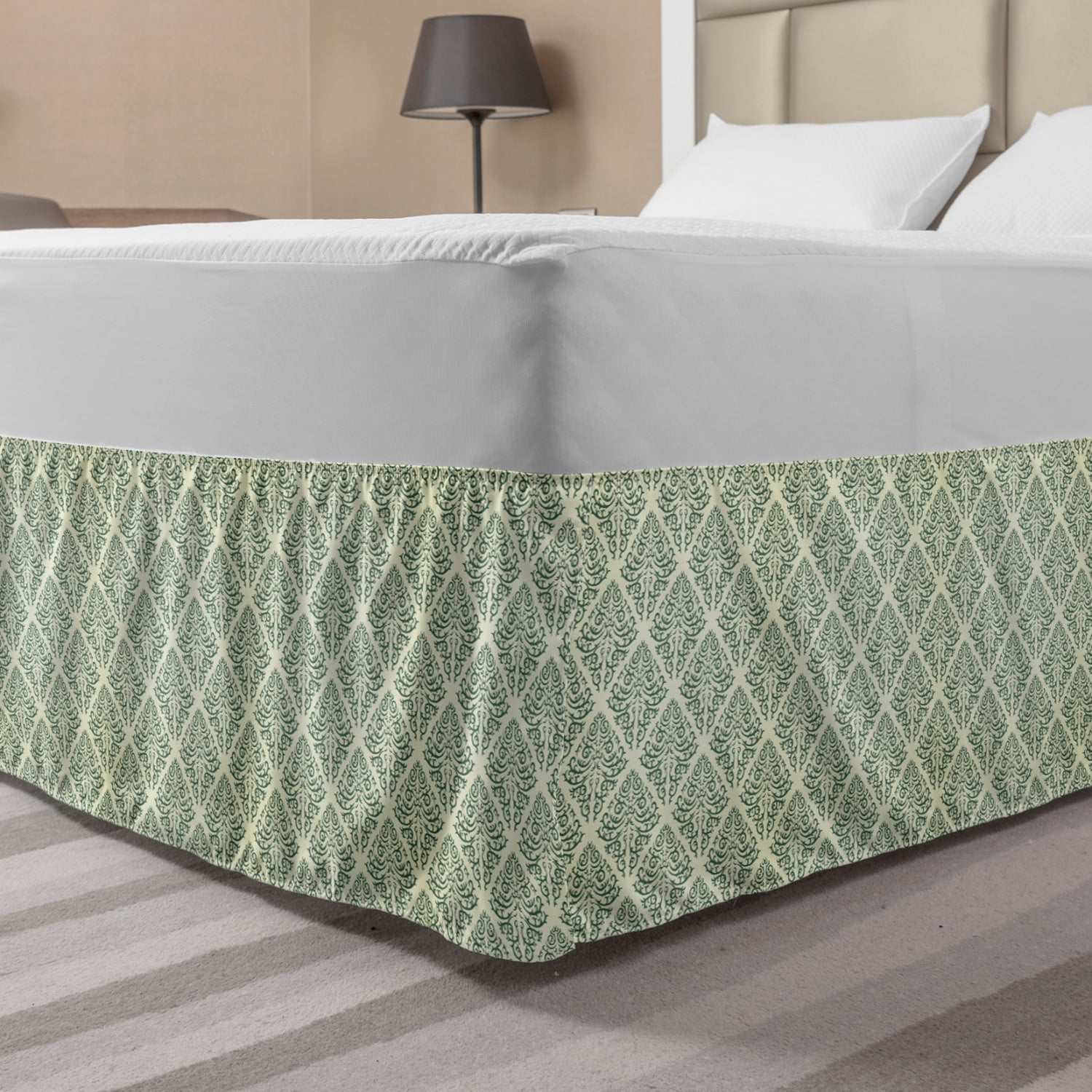 Abstract Green Bed Skirt, Continuous Vintage Design Victorian Damask