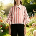 thumbnail image 4 of Ashirexll Hauts pour Femmes Tendance, Mode Printemps Été Décontracté Rayé Bouton Col Manches 3/4 Chemises, 4 of 7
