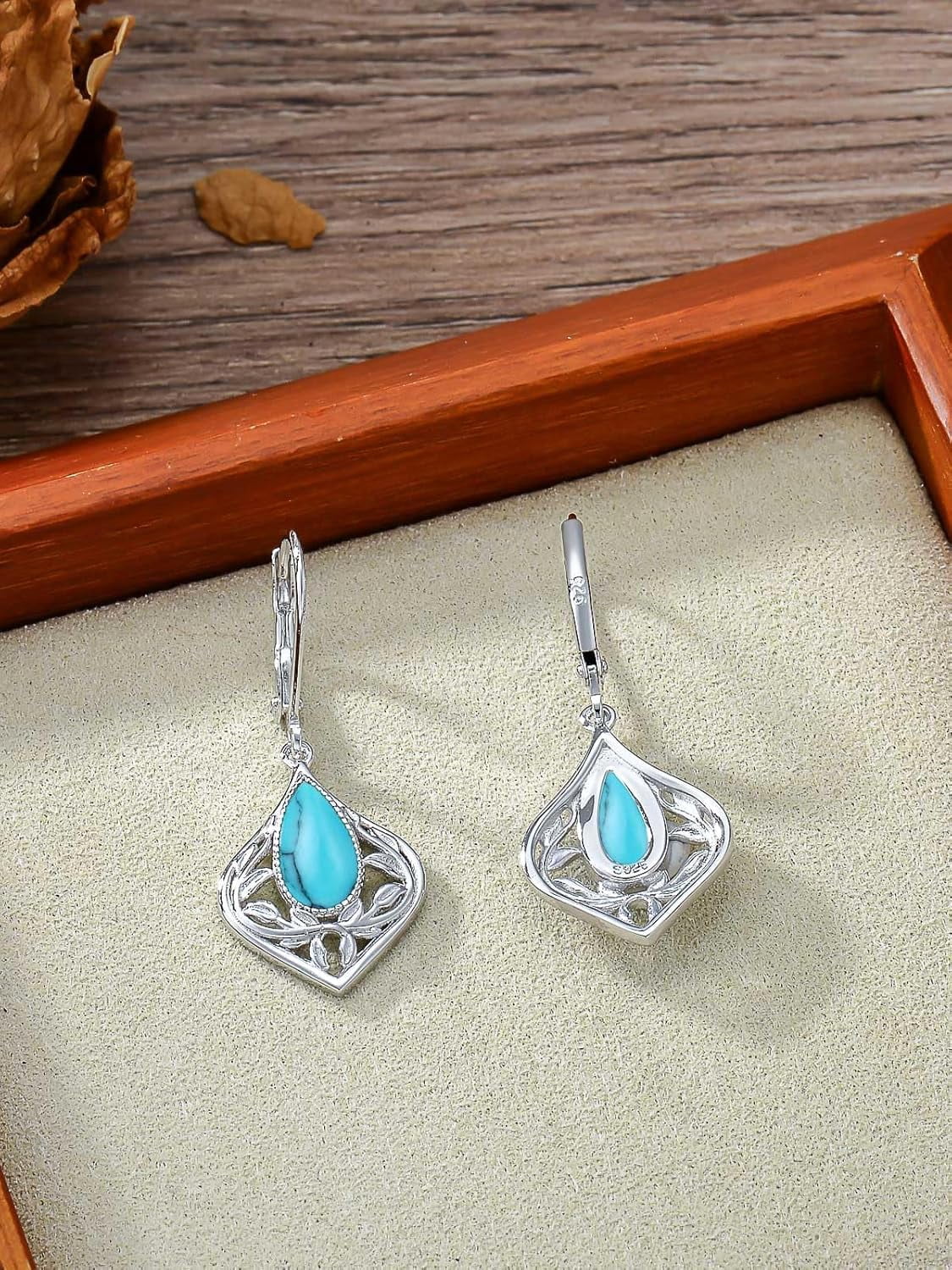 JKR Moss Agate Filigree Teardrop Earrings 925 Sterling Silver Gemstone Leverback Earrings Jewelry Birthday Valentines Mothers Day Gifts for Women