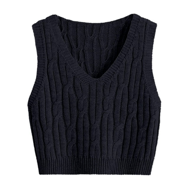 Chaleco de mujer, cuello en V, tejido de punto trenzado, sin mangas, corte holgado, color liso, tallas S-M-L