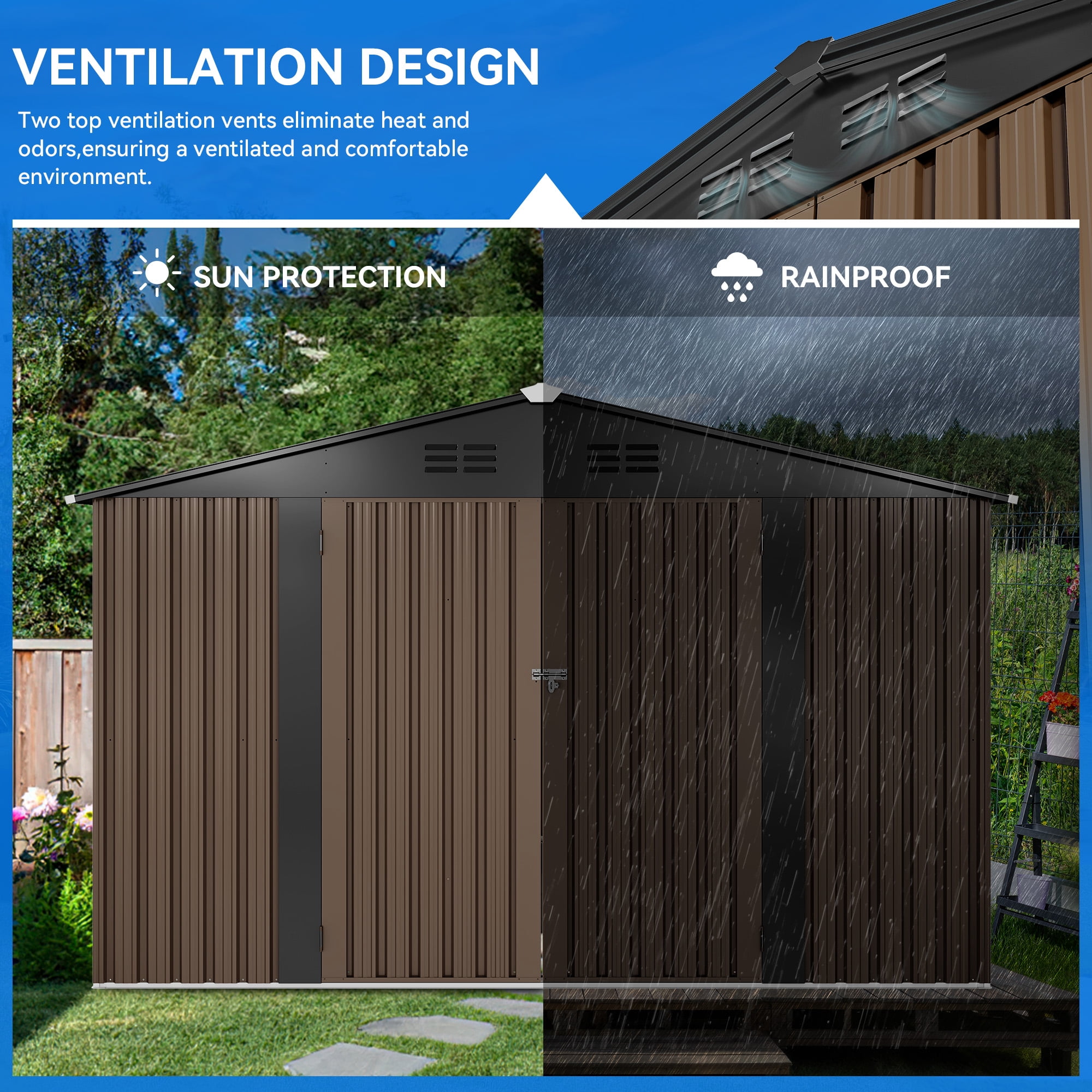 Dextrus 10x8ft Large Outdoor Storage Shed, Heavy Duty Tool Metal Storage Sheds House with Lockable Doors & Air Vent