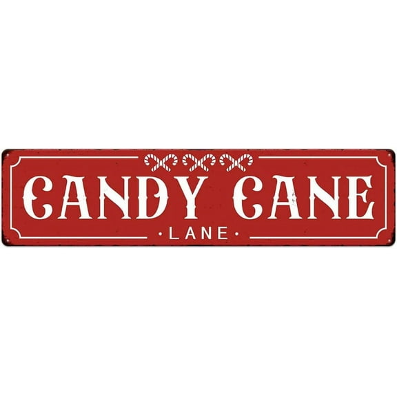 Red Candy Cane Lane Christmas Metal Sign Vintage Print Art Poster Tin Hanging Plaque for Home Kitchen Patio Yard Office Cafe Coffee Bar Front Door Wall Decor 16" x 4"