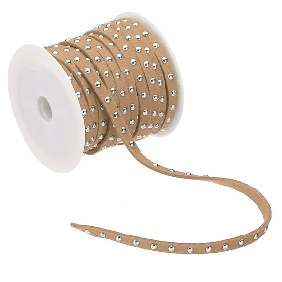 16.4ft Studded Faux Suede Cord Rope for Jewelry Making 5mm Micro Fibre Flat Leather Lace Beading String Ribbon with Rivets, Light Brown Silver
