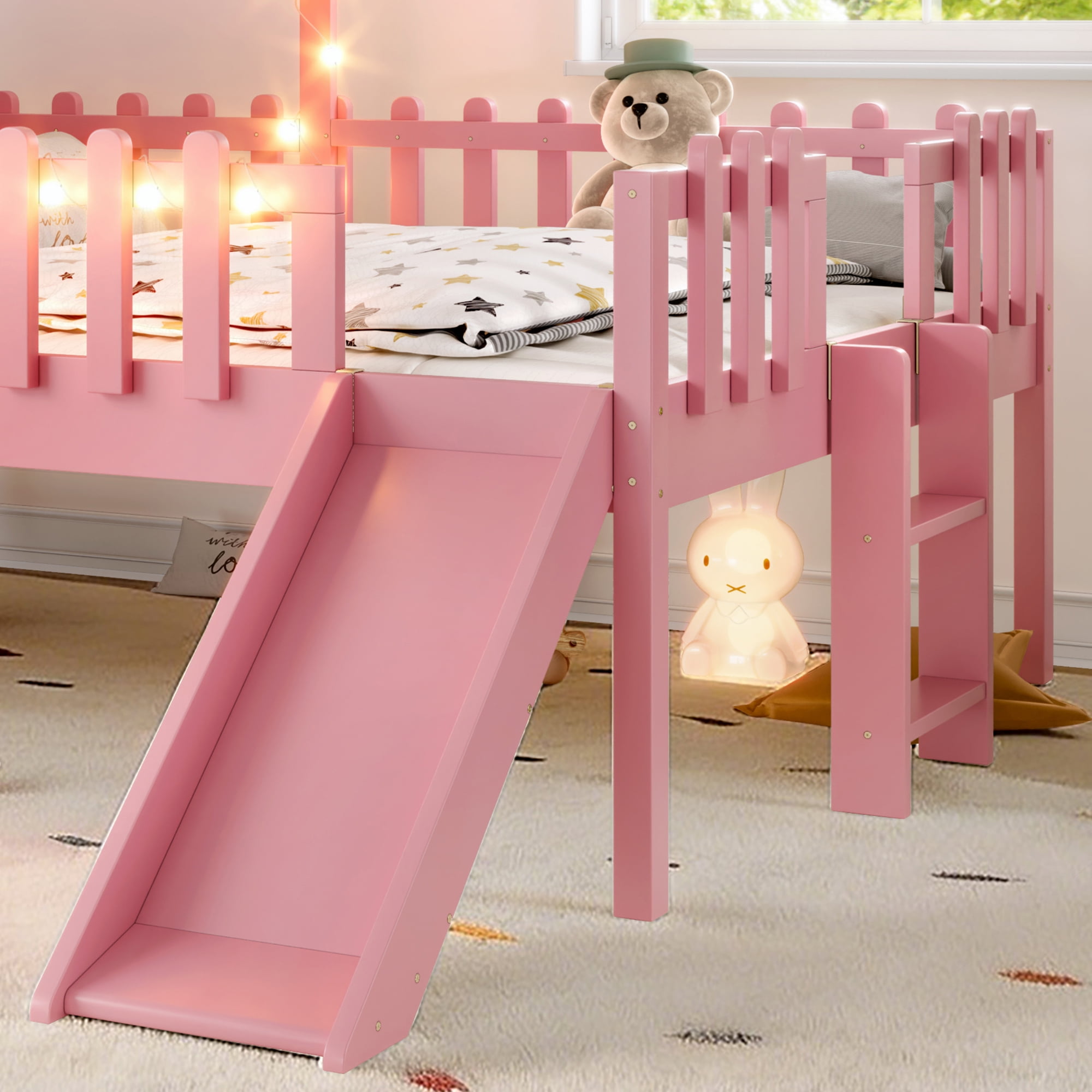 Mintazer Full Size Kids House Loft Bed with Slide & LED Lights, Modern Playhouse Bed with Star Shaped Designs & Ladder, No Box Spring Needed, Pink