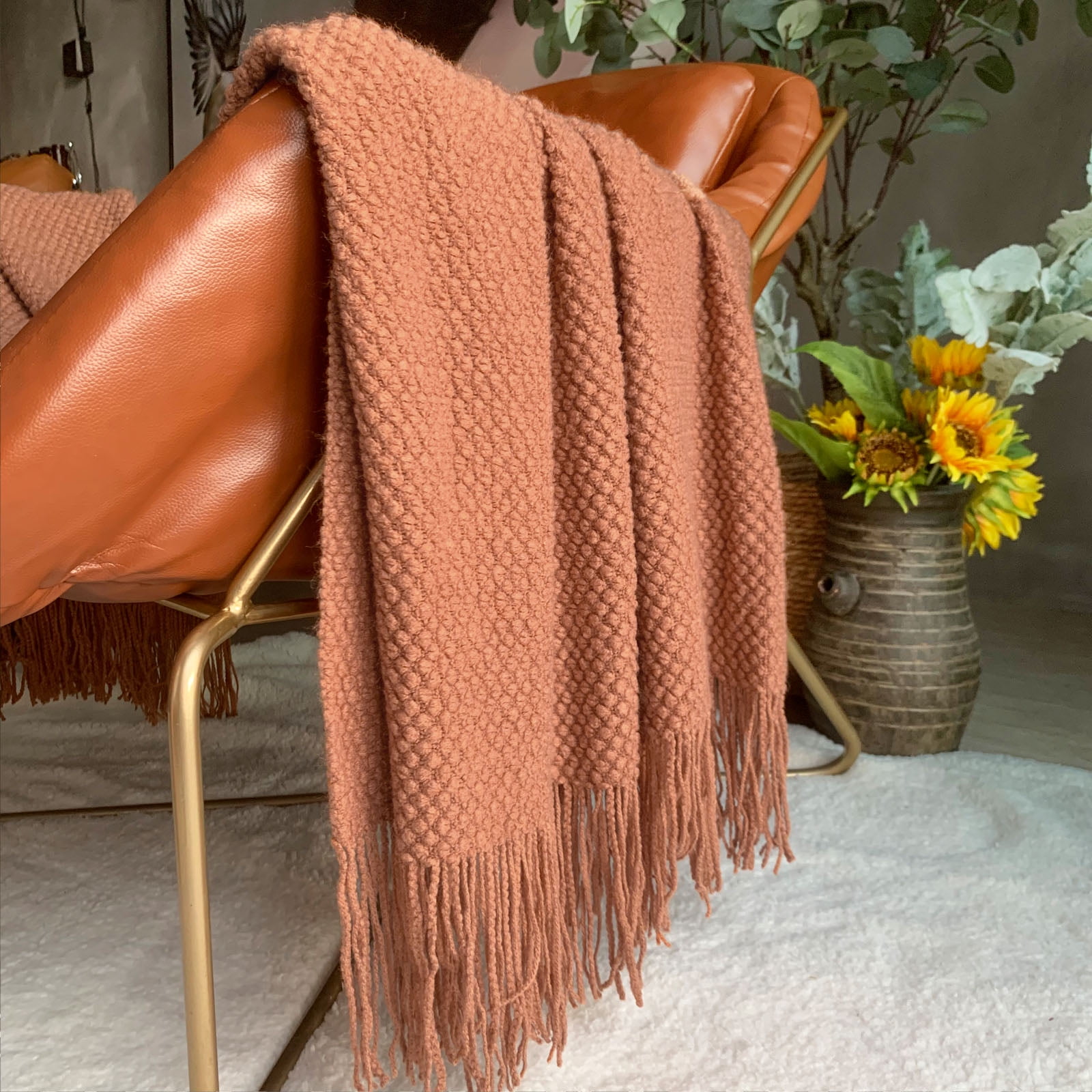 LOMAO Knitted Throw Blanket with Tassels Bubble Textured Lightweight Throws for Bed,Chair,Sofa,Living Room,Home Decor (Caramel/Rust,50*60 in)