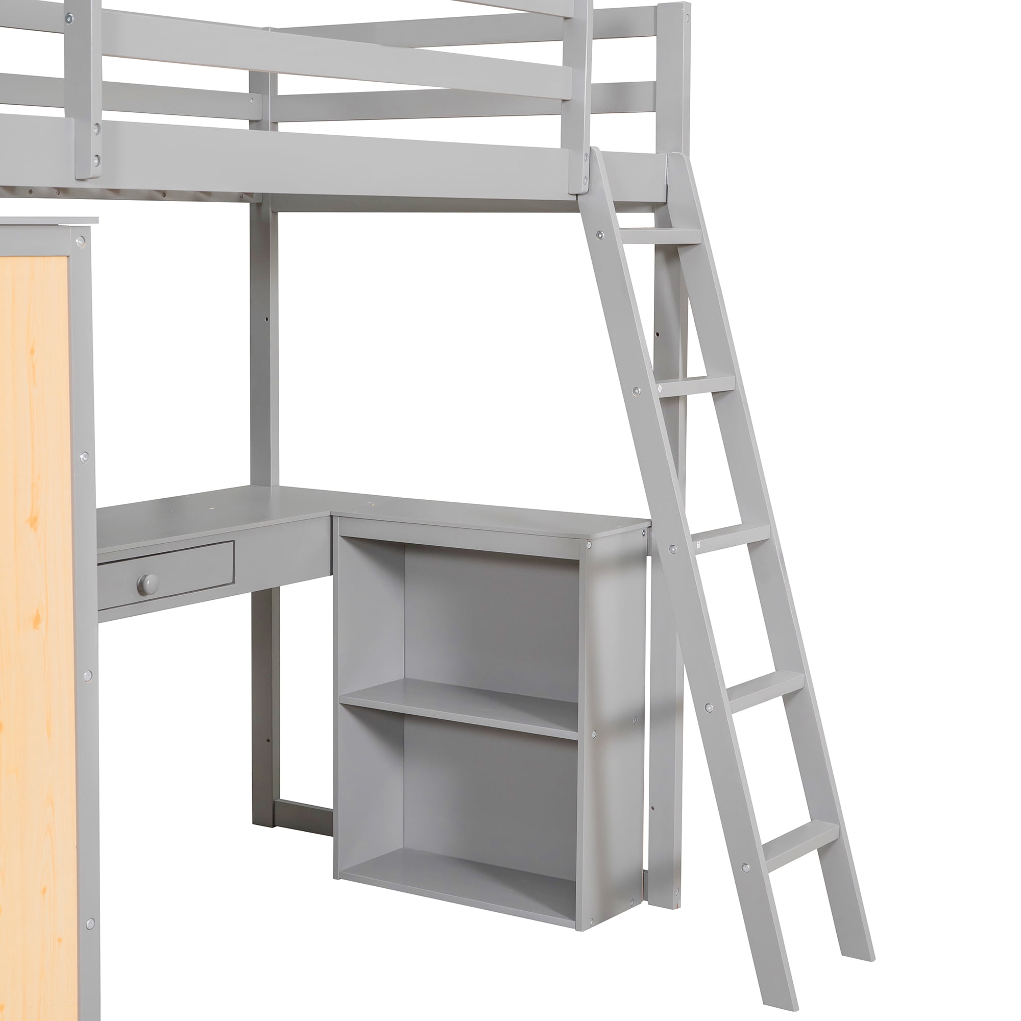 DEALTOPS Twin Size Loft Bed with Ladder, Shelves, and Desk, White - Gray