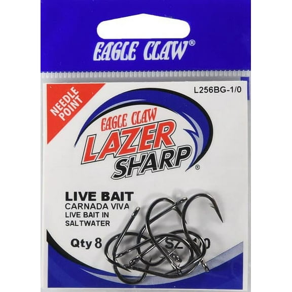 Lazer Sharp L256BGH-1/0 Short Shank Live Bait Hook, Black, Size 1/0, 8 Pack
