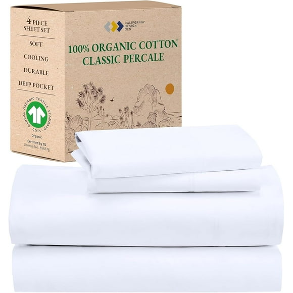 SHILIU-100% Organic Cotton Sheets for Queen Size Bed, Deep Pockets, Percale Sheets Queen, GOTS Certified, Soft Cooling Sheets, 4 Piece Bed Sheets Queen Sheet Set, White Sheets