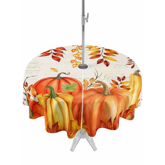 Outdoor Tablecloth with Umbrella Hole and Zipper, Orange Pumpkins Fall Round Table Cloth 60 Inch Waterproof Tablecloth, Thanksgiving Botanical Maple Leaves Falling Picnic Table Cover for Patio
