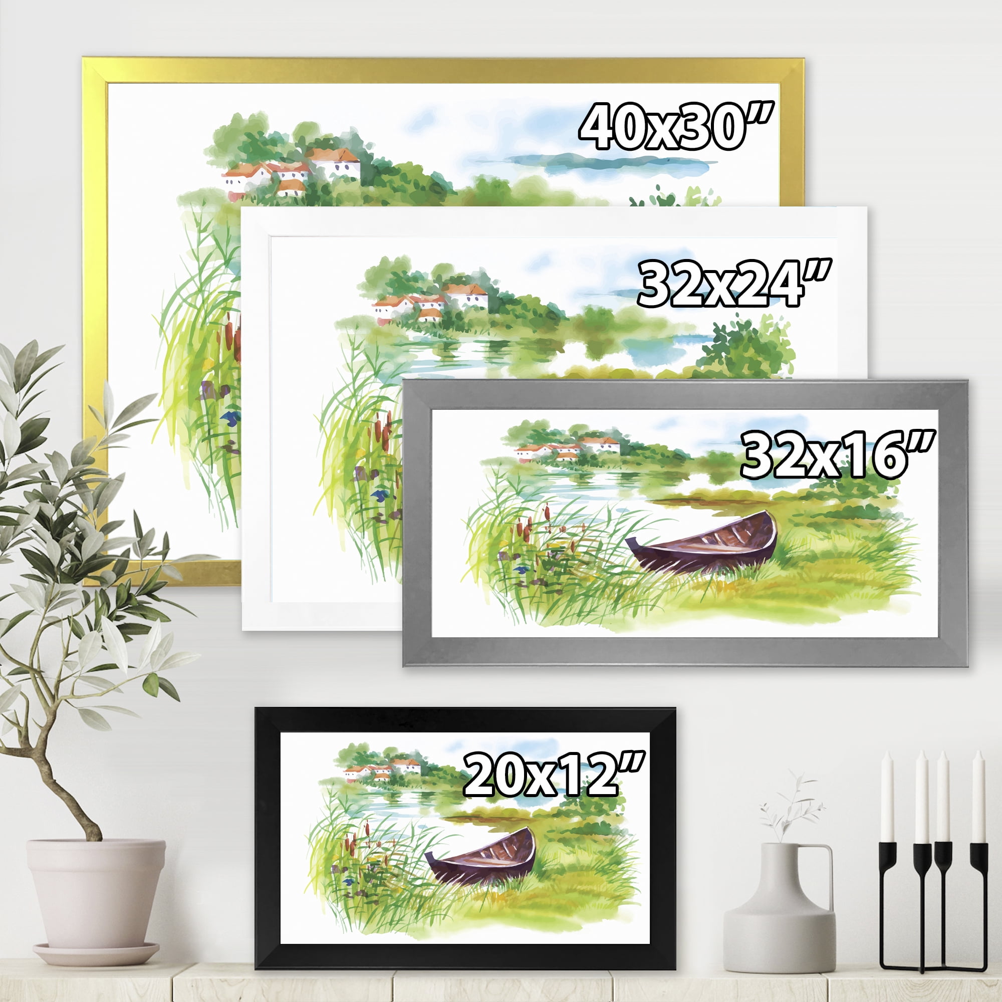 Designart 'Rural Green Landscape With Boat In Lake' Lake House Framed Art Print