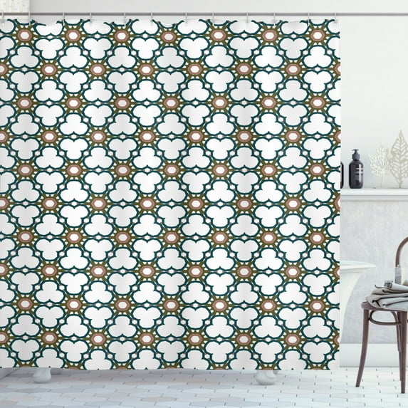 Nostalgic Shower Curtain, Vintage Design of Floral Inspiration Connected Motifs on Plain Backdrop, Fabric Bathroom Set with Hooks, 69W X 75L Inches Long, White and Dark Teal, by Ambesonne