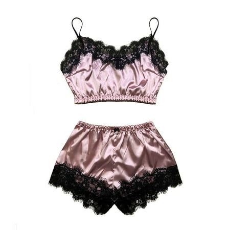 

BIZIZA Womens Pajama Sets Comfortable 2 Piece Lace Shorts Sleeveless V-Neck Cami Crop Top Solid Color