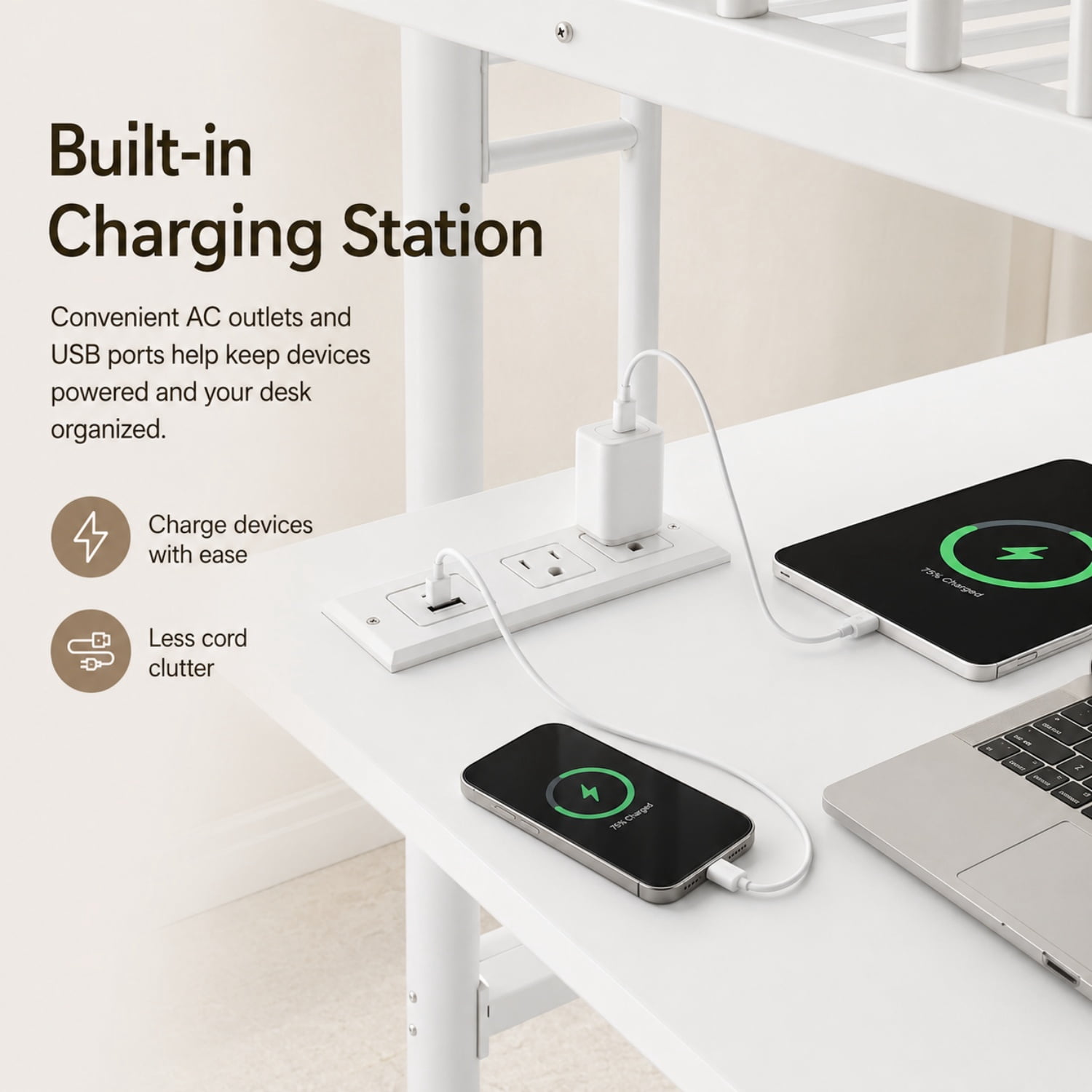 Miniyam Full Metal Loft Bed with L-Shaped Desk, LED Light Strip, Charging Station and PC Tower Tray, White