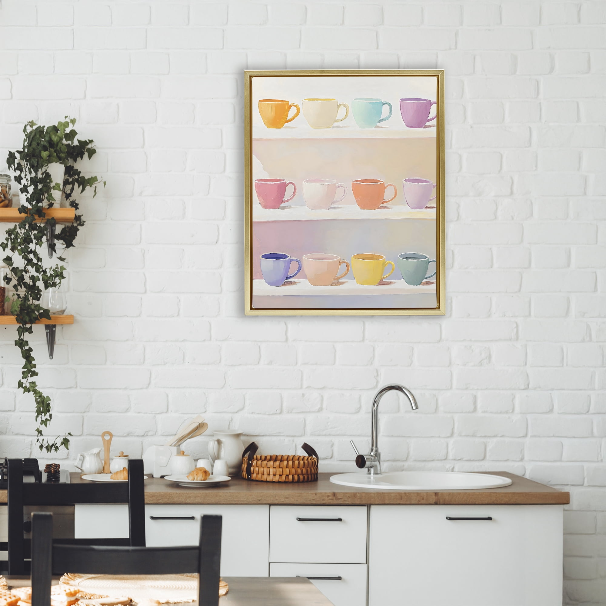 Stupell Industries Rows of Pastel Teacups Gold Framed Floater Canvas Wall Art, design by The Prints Vibe