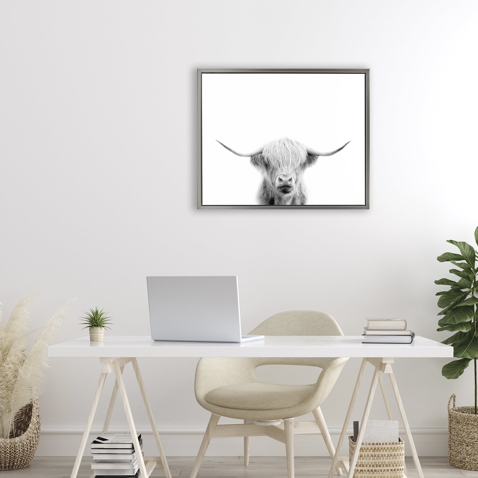Stupell Industries Scottish Cow Portrait Gray Framed Floater Canvas Wall Art, design by Leah Straatsma