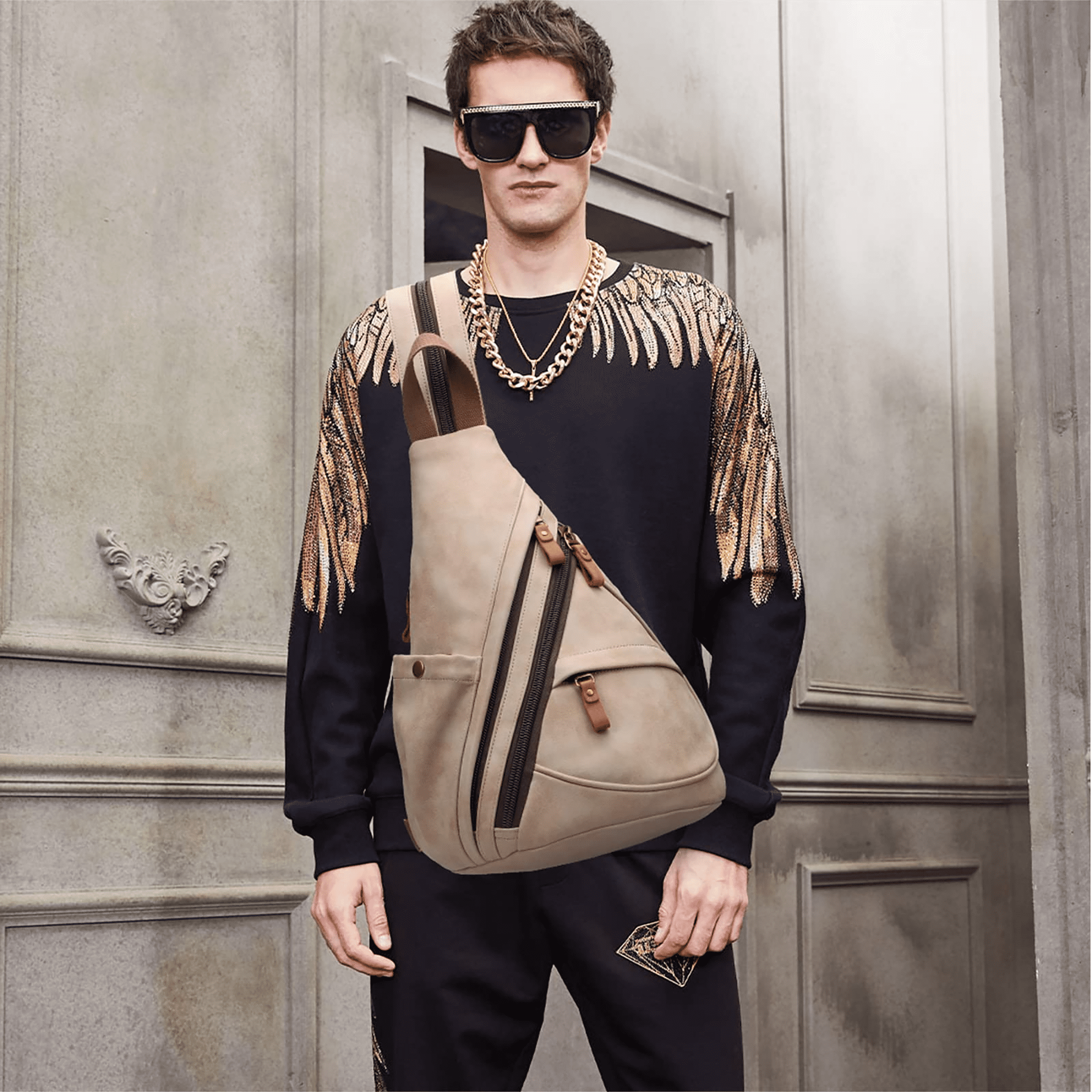 KL928 PU Leather Sling Bag Small Crossbody Backpack Shoulder Casual Daypack Rucksack for Men Women (Khaki)