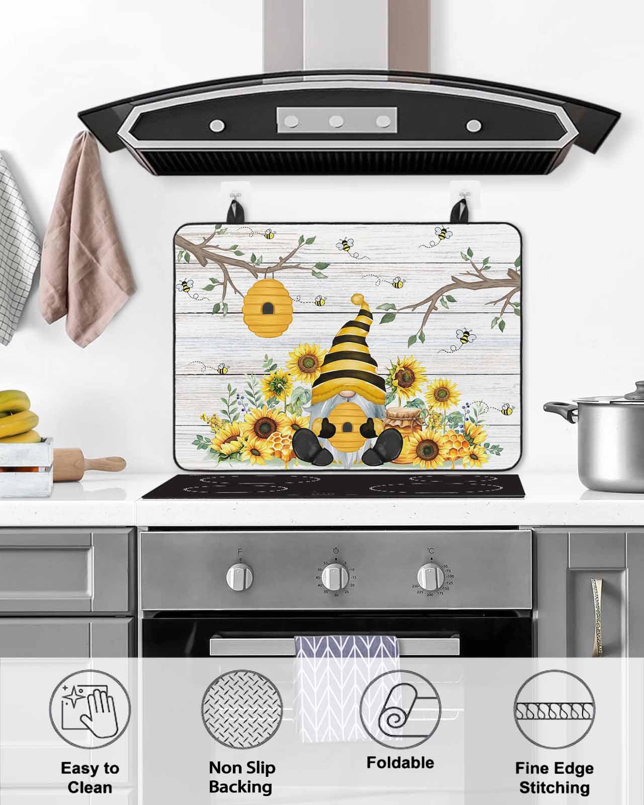 Large Induction Cooktop Protector Mat Gnomes Sunflower Stove Top Covers for Electric Stove, Bees Branches Floral Wooden Decorative Stove Burner Cover Mats, Glass Top Stove Cover