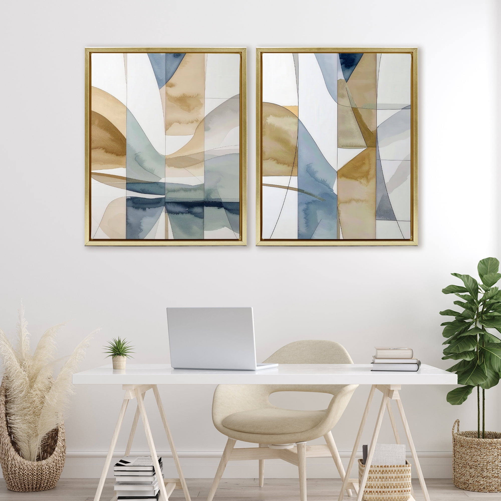 Stupell Industries Balanced Geographic Abstract 2 Piece Gold Framed Floater Canvas Set, design by Alonza Saunders