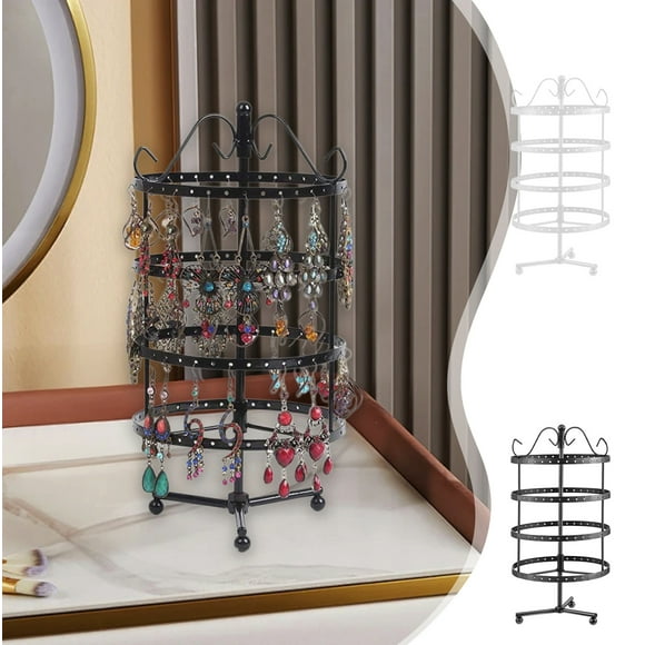 Soporte para organizador de joyería giratorio 360 - Portapendientes metálicos de 4 niveles con expositor para collares y anillos, almacenamiento de sobremesa que ahorra espacio para el hogar