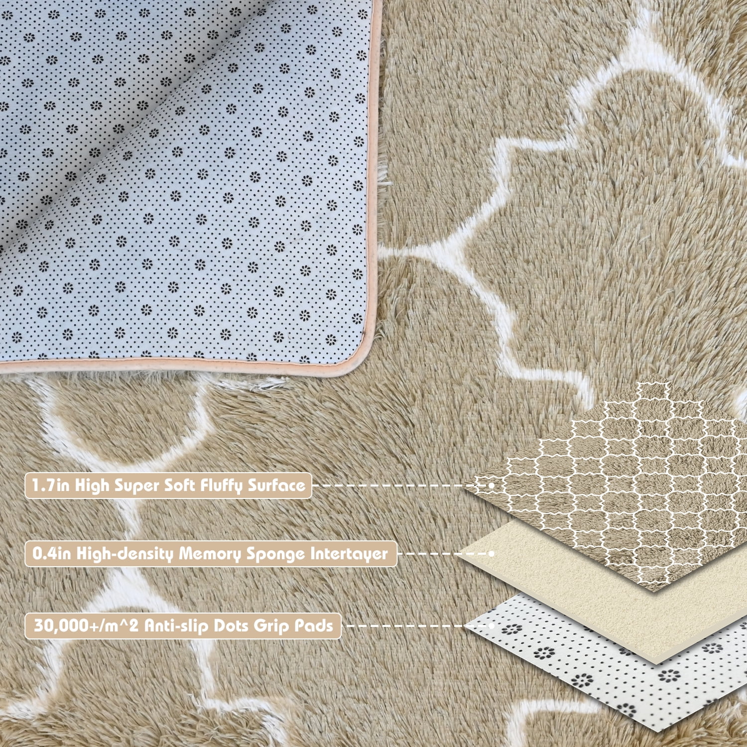 Pentantan Shag Area Rug, 5ft x 8ft Geometric Soft Fluffy Rugs for Living Room Bedroom Indoor Carpet, Camel & White