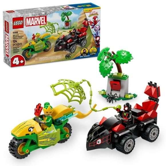 LEGO Marvel Spidey And His Amazing Friends Spin and Electro Dinosaur Vehicle Chase - Car and Motorcycle Preschool Building Toy for Kids, Boys and Girls, Ages 4+ - Gift Idea for Birthdays - 11198, Includes 124 Pieces, Ages 4+