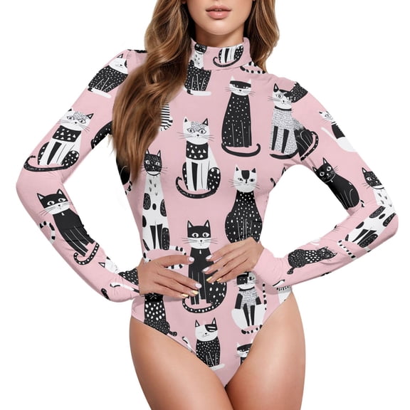 joogoo Cat Geometry Art Women's Mock Turtle Neck Long Sleeve Bodysuit L