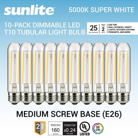 Sunlite LED Filament T10 Tubular Light Bulb, 2 Watts (25W Equivalent), 160 Lumens, Medium E26 Base, 120 Volts, Dimmable, 90 CRI, UL Listed, Clear, 5000K Daylight, 10 Pack