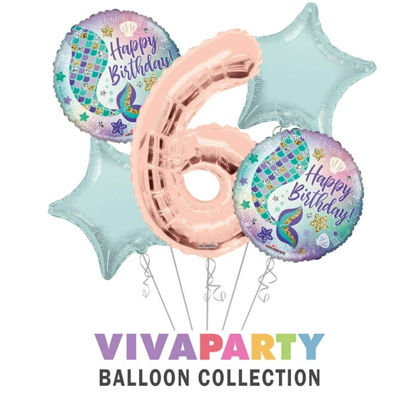 Happy Birthday Mermaid Round Balloon Bouquet 5 pc, 6th Birthday, Rose Gold Number 6 Jumbo Balloon | Viva Party Balloon Collection