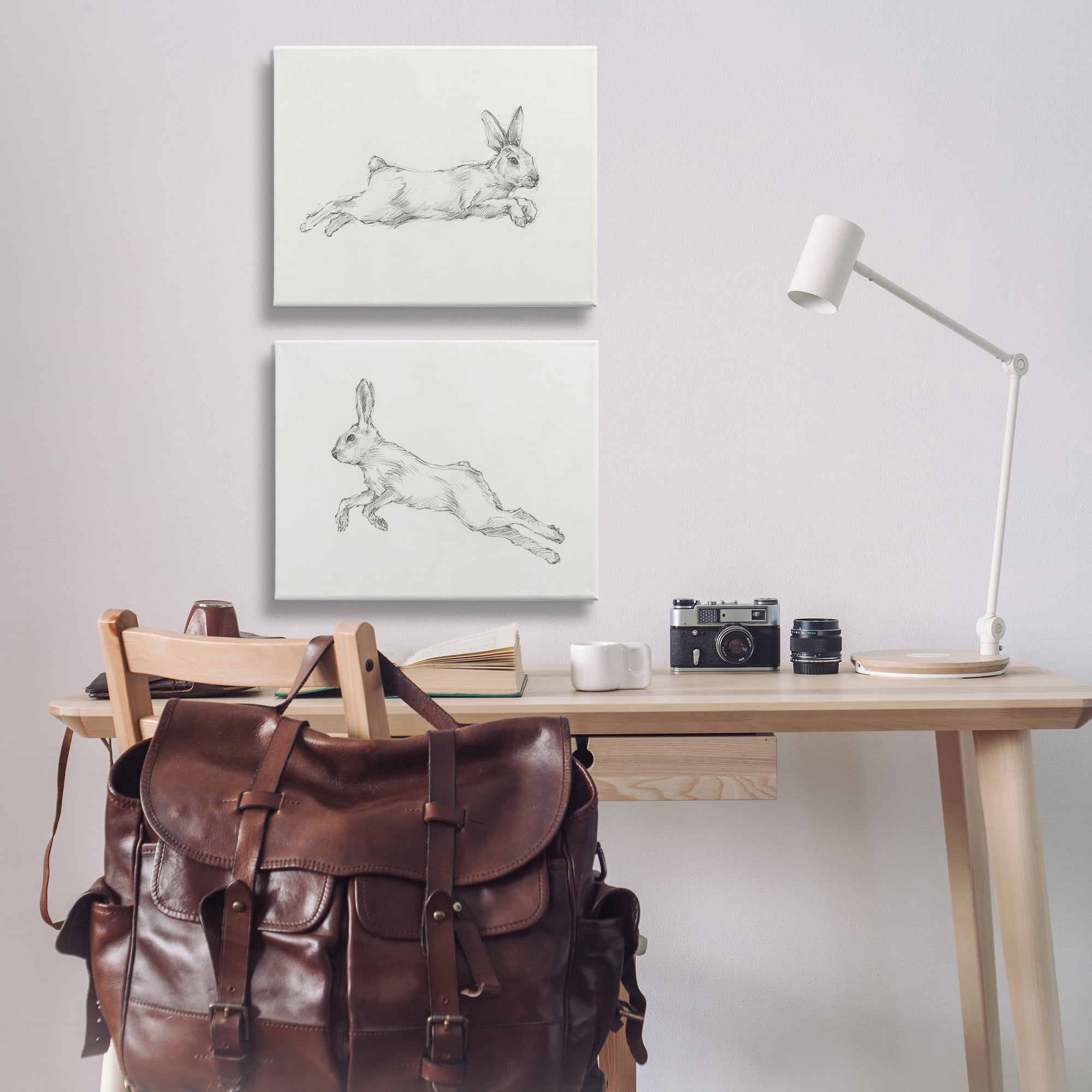 Stupell Industries Pencil Sketch Rabbit Jumping Animals Drawing Wrapped Canvas Art Print Wall Art, 20 x 16, Set of 2