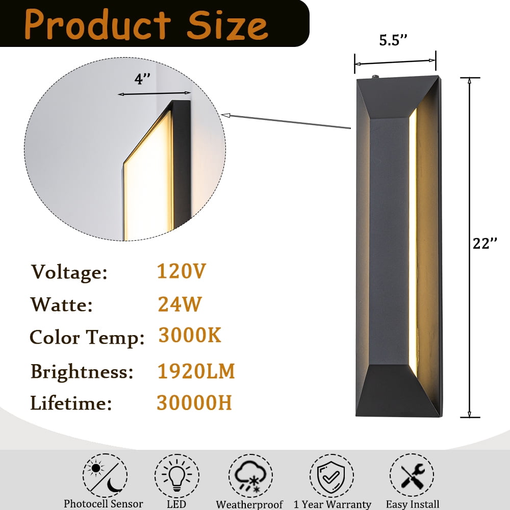 H22" Large Dusk to Dawn Modern Outdoor Wall Light 24W Integrated LED Exterior Wall Sconce with Black Trapezoid Design and Acrylic Shade for Garage Entryway