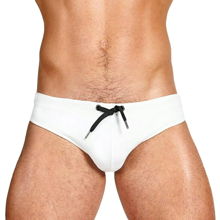 MIZOK Men's Swimming Briefs Swimsuit Sexy Mesh Bikini Trunks White L 