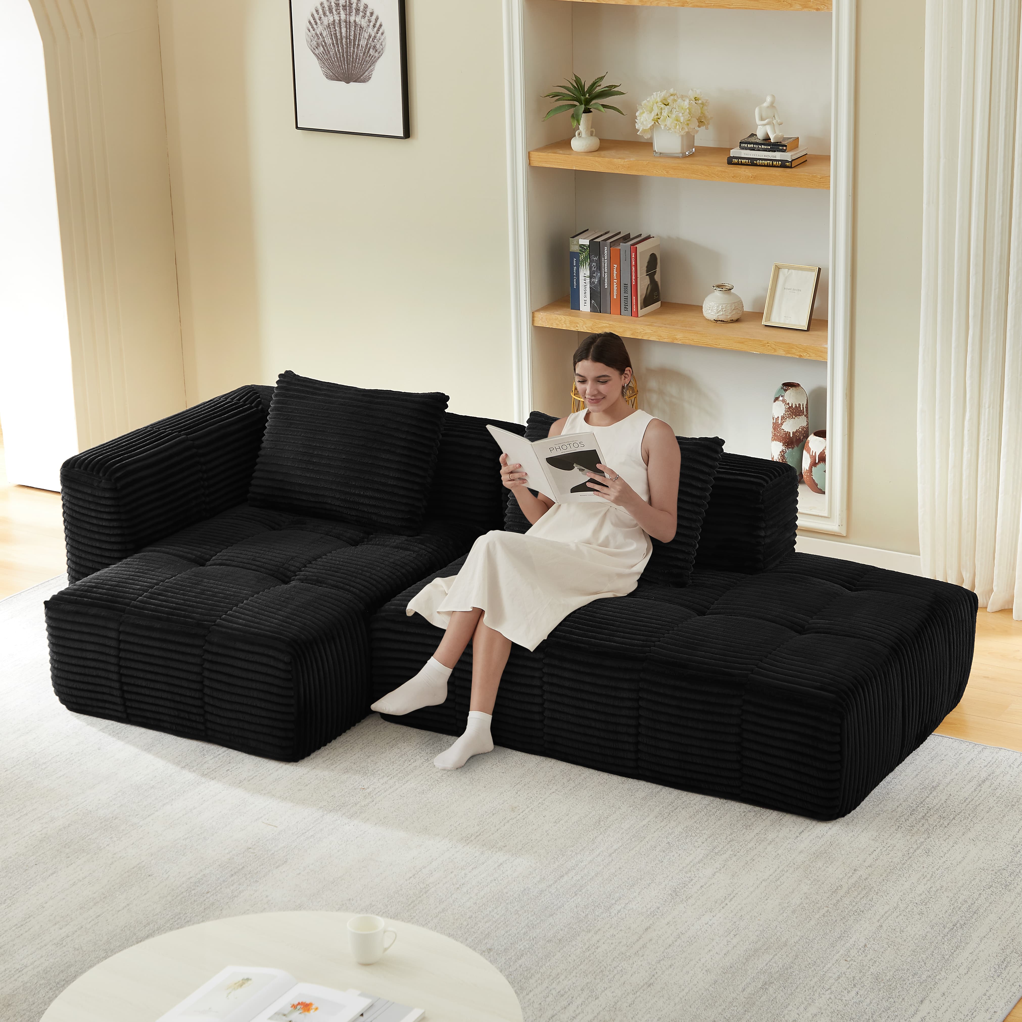 MAYEERTY Corduroy L-Shape Cloud Sectional Chaise Lounge Sofa, Minimalist Modular Couches for Living Room,107*57*33"Black