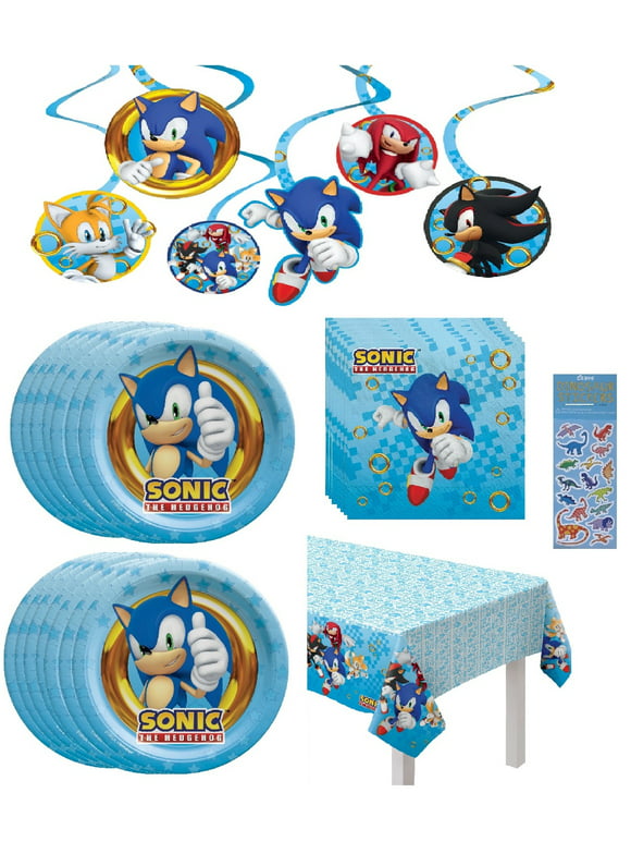 Sonic Birthday Party Supplies Bundle Pack includes 16 Dessert Cake Paper Plates, 16 Napkins, 1 Table Cover, 12 Hanging Swirl Decorations - Bundle for 16