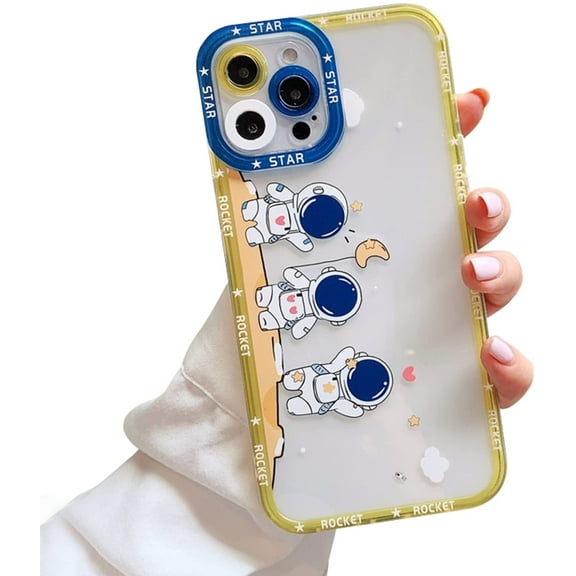 Compatible with iPhone 12 Pro Max Clear Case Women Girls Cute Astronaut Case Camera Lens Protection Soft TPU Silicone Letters Rocket Cases for iPhone 12 Pro Max 5g 6.7 inch (Yellow)