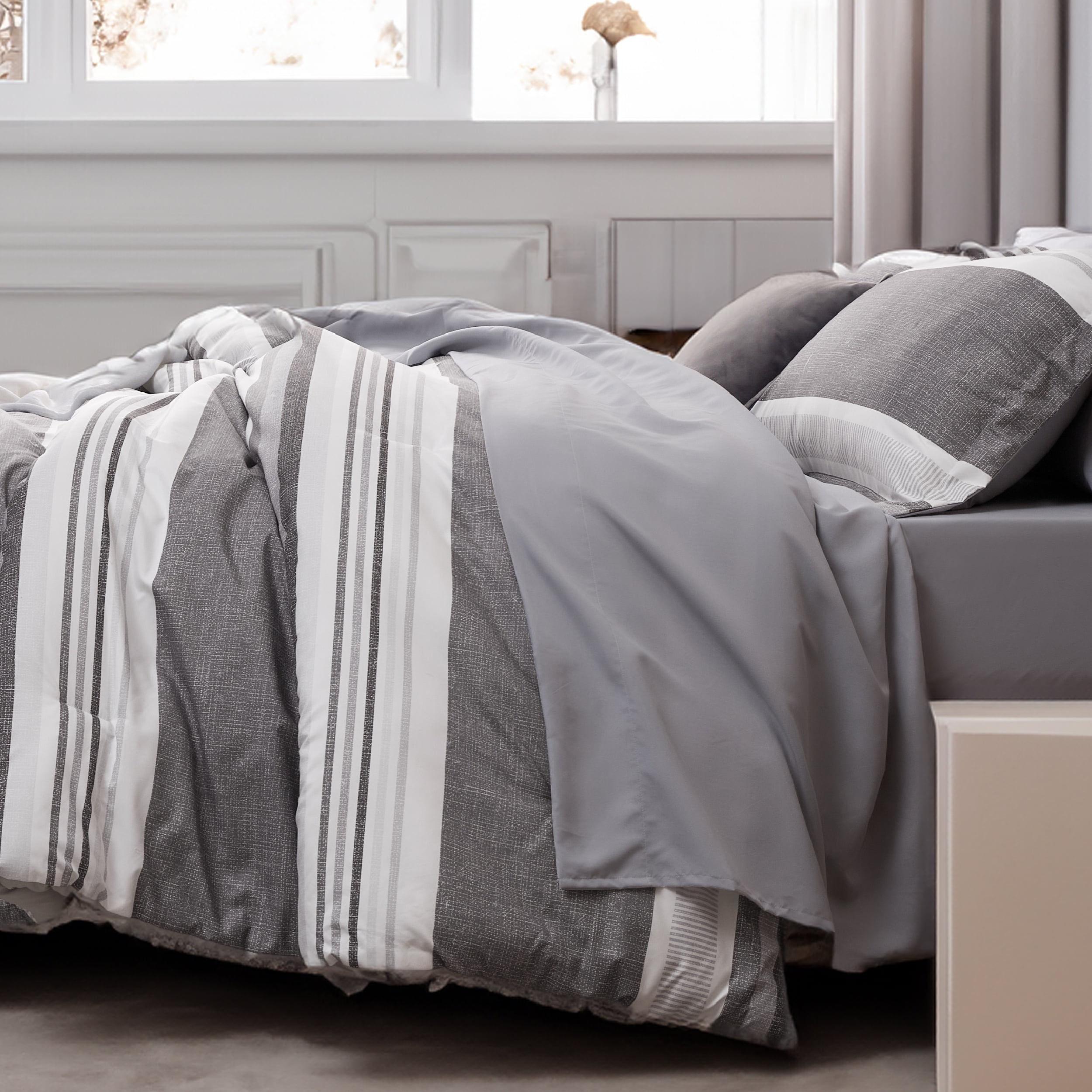 U by Bedsure Full Comforter Set - 7 Pieces Grey White Striped Bedding Sets Full Bed in A Bag with Comforters Full Size, Sheets, Pillowcases & Shams, Bed Sets