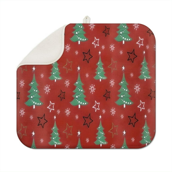 Red Christmas Tree Pattern Dish Drying Mat for Kitchen 1 Pack, Ultra Absorbent Microfiber Dishes Drainer Mats,16x18in(41x46cm)