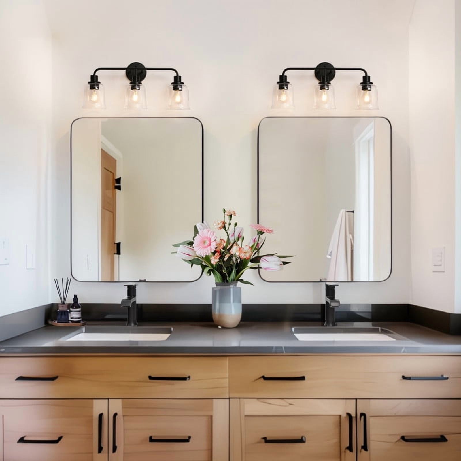 LNC 22.8-in 3-Light Matte Black and Clear Glass LED Modern Vanitt Light for Bathroom