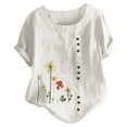 thumbnail image 2 of Pimelu Summer Tops for Women Summer Tops for Women Fashion Floral Print Plus Size Cotton Linen Shirts Ladies Crewneck Short Sleeve Button Down Blouses Womens Blouses, 2 of 3