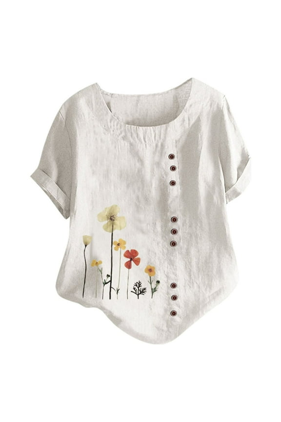 Womens Plus Size O-Neck Print Loose Button Tunic Shirts Blouses Tops