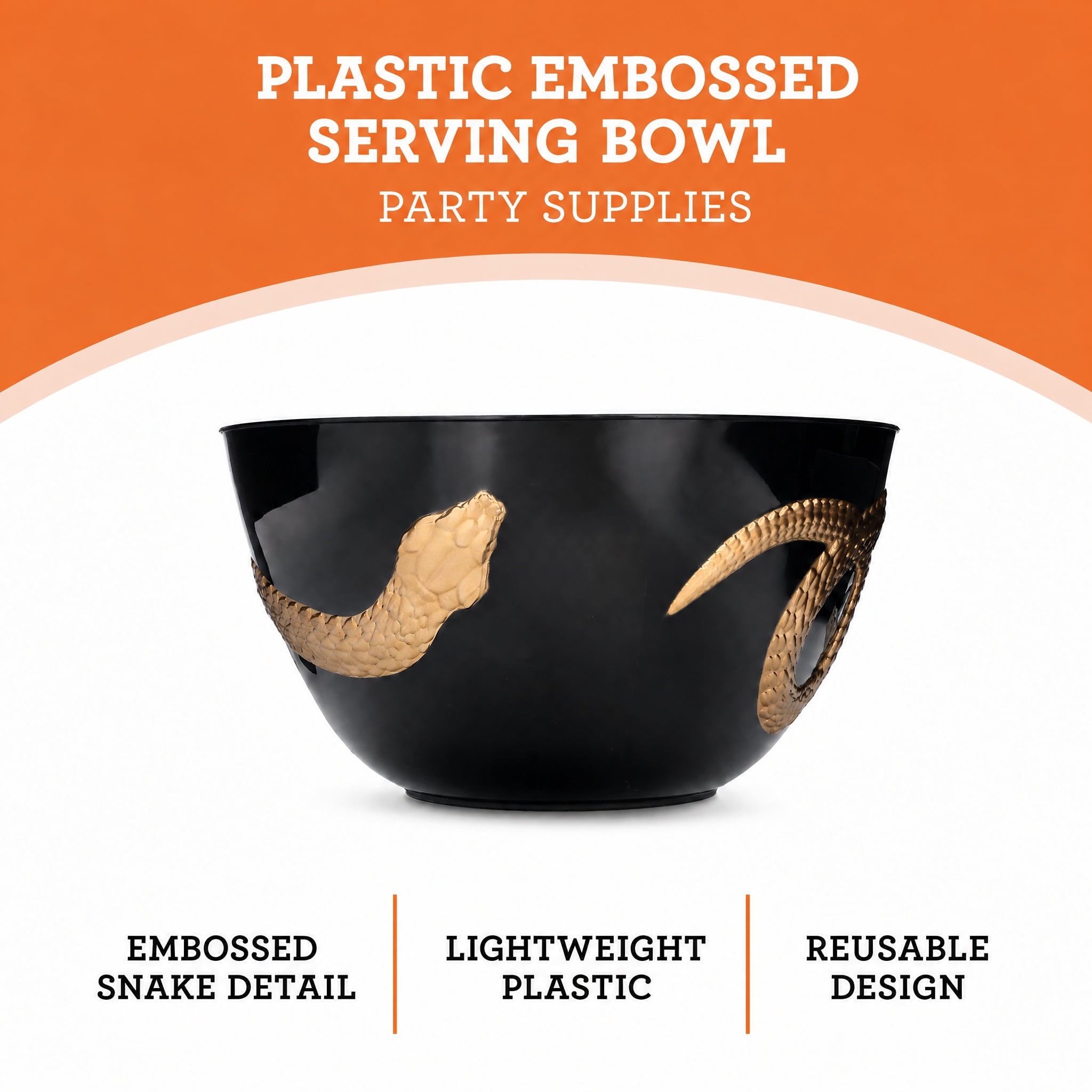 Plastic Embossed Snake-Wrapped Serving Bowl, Black and Gold, 11.1", Halloween by Way To Celebrate