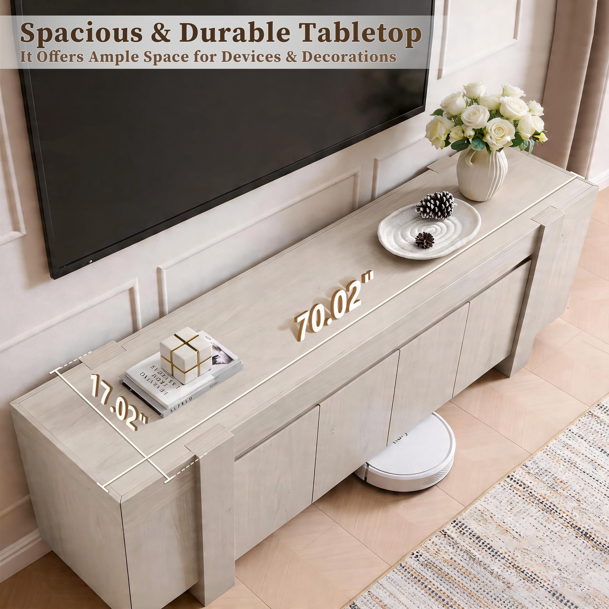 KeyWhat TV Stand for TVs Up to 80", Modern Farmhouse Entertainment Center with Storage Cabinet, Media Console Table for Living Room, White Alder