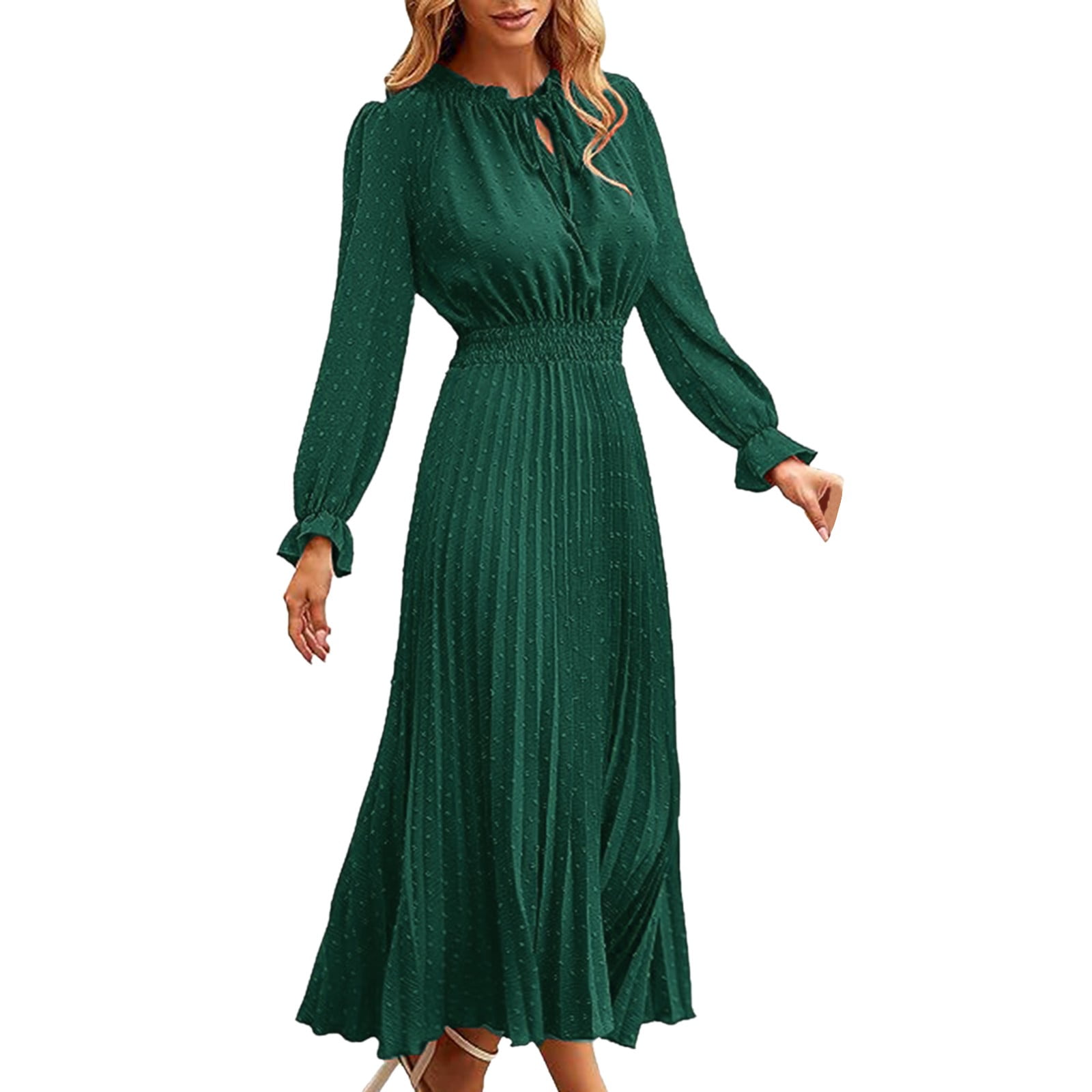 Womens Dress Summer Casual Dresses for Women Knee Length Womens Fall Midi Dress Casual Long Sleeve V Neck Dot Pleated A Line Adult Female Clothes