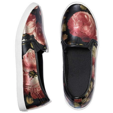 Women Fashion Printed Floral Slip-On Sneaker Black/Multi (Best Shoes For Haglund Deformity)