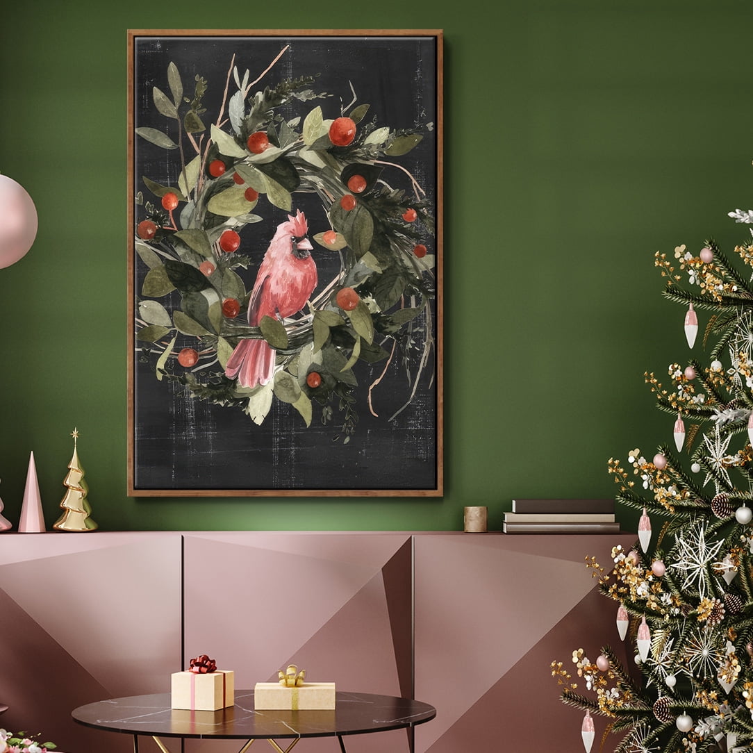 Christmas Cardinal II - Framed Gallery Wrapped Holiday Canvas - 27 x 41 - Rosewood Frame
