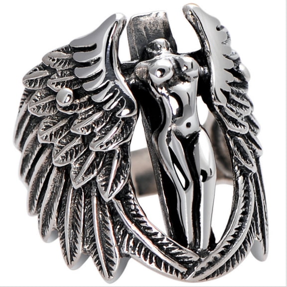 Men's Vintage Thai Silver Guardian Angel Cool Cross Exaggerated Wings Ring